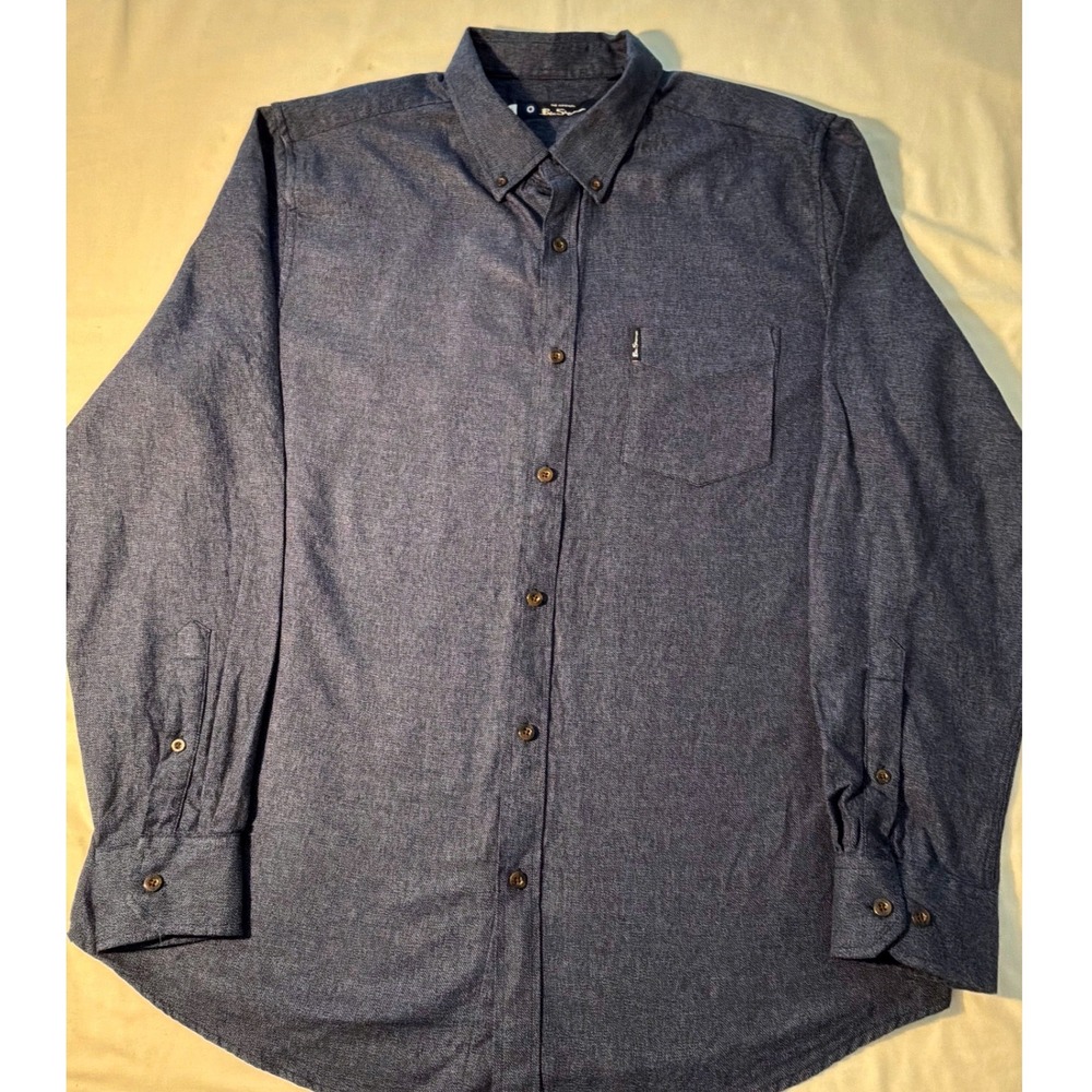 Ben Sherman Mens Large Navy Blue Heathered Long Sleeve Button Down Shirt Pocket